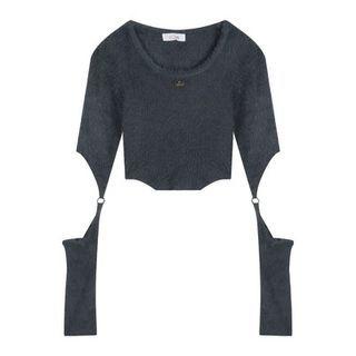 Fluffy Cut-out Cropped Sweater Gray - One Size