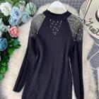 Long-sleeve Mesh-panel Sheath Knit Dress Black - One Size