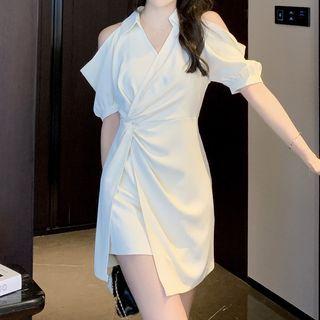 Short-sleeve V-neck Cold Shoulder A-line Shirt Dress