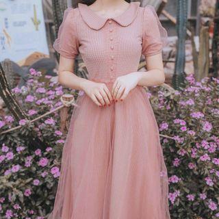 Mesh Overlay Short-sleeve A-line Dress