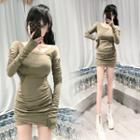 Long-sleeve Shirred Mini Bodycon Dress Army Green - One Size