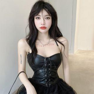 Faux Leather Corset Top / Mesh Mini Skirt