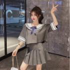 Set: Sailor Collar Elbow-sleeve Top + Pleated Skirt