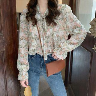 Bell-sleeve Lace-up Floral Chiffon Blouse As Figure - One Size