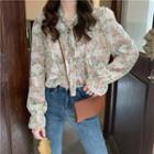 Bell-sleeve Lace-up Floral Chiffon Blouse As Figure - One Size