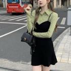 Long-sleeve Plaid Blouse / Sleeveless A-line Dress