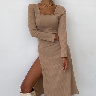 Long Sleeve Square-neck Ribbed-knit Slit Midi Dress
