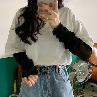 Crew-neck Long-sleeve Mesh T-shirt