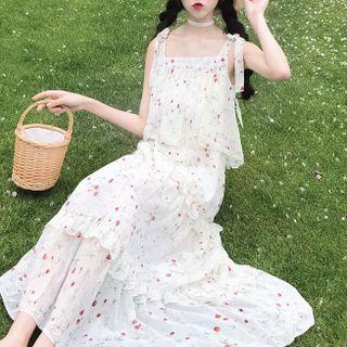 Shoulder-tie Floral Tiered Midi Chiffon Dress