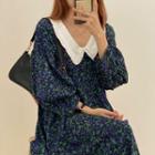 Puff-sleeve Floral Print Midi A-line Dress Floral - Blue & Green - One Size