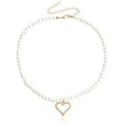 Heart Rhinestone Pendant Faux Pearl Necklace Gold - One Size