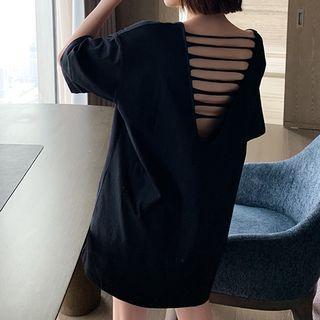 Short-sleeve Plain Cut-out T-shirt Black - One Size