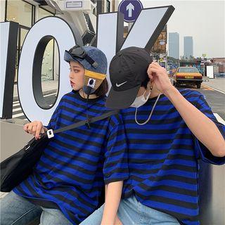 Elbow-sleeve Striped T-shirt Blue - One Size