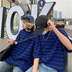 Elbow-sleeve Striped T-shirt Blue - One Size