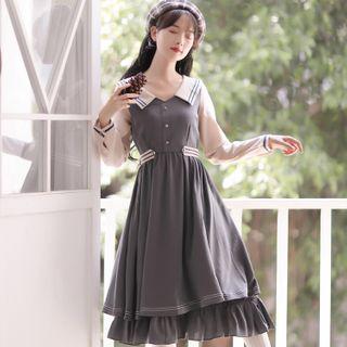 Collared Long-sleeve Ruffle Hem Midi A-line Dress
