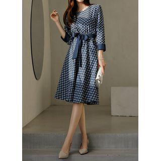 Embroidered Denim Midi Flare Dress With Sash