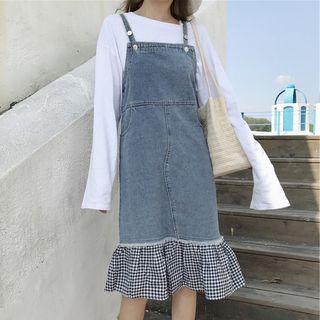 Plaid Panel Denim Jumper Dress