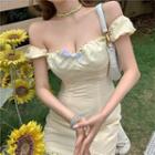 Off-shoulder Floral Print Mini Sheath Dress Yellow - One Size