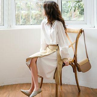 Set: Long-sleeve Midi Shirtdress + Midi Slit Skirt