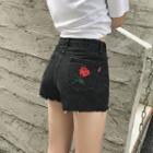 Rose Embroidered Denim Hot Pants