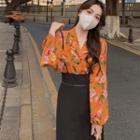 Long-sleeve Floral Blouse / Midi A-line Overall Dress