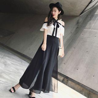 Set: Short-sleeve Cold Shoulder Ribbon Top + Chiffon Wide-leg Pants