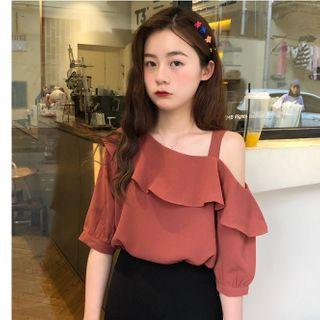 Ruffle Cold-shoulder Short-sleeve Blouse