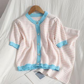 Set: Short-sleeve Plaid Cardigan + Pencil Skirt Plaid - Pink - One Size
