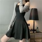 Cropped Long-sleeve Cardigan / Plain Camisole Dress