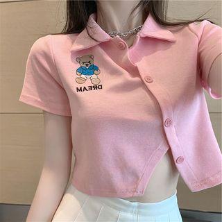 Short-sleeve Collar Bear Embroidered Crop Top