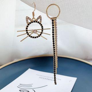 Non-matching Rhinestone Cat Fringed Earring 1 Pair - Gold - One Size