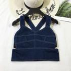 Contrast Stitching Wide Strap Denim Cropped Top