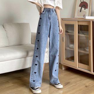 Heart Pattern Straight-leg Jeans