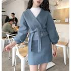 Set: Balloon-sleeve Double-breasted Jacket + A-line Skirt