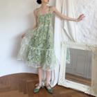 Spaghetti-strap Print Mesh Midi A-line Dress