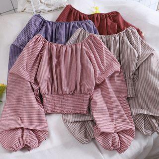 Off-shoulder Plaid Lantern-sleeve Cropped Blouse