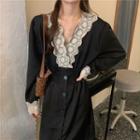 Lace V-neck Long-sleeve Loose-fit Dress Black - One Size