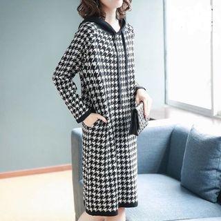Long-sleeve Houndstooth Hooded Midi Dress