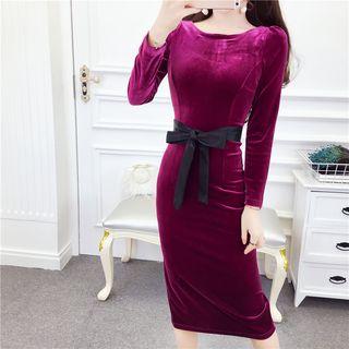 Long-sleeved Crewneck Plain Slim Long Sheath Dress