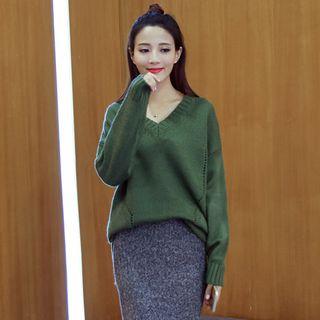 Set: V-neck Mohair Knit Top + Skirt