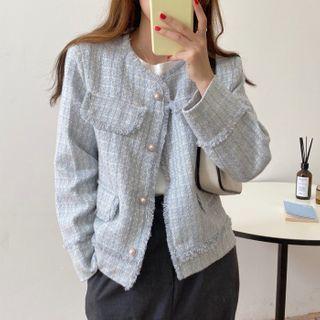 Long-sleeve Frayed Tweed Coat