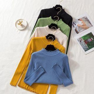 Semi High-neck Wood Ear Trim Knit Top