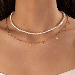Set: Beaded Necklace + Star Necklace 22168 - Gold & White - One Size