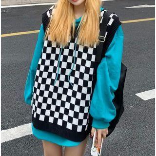 Plaid Knit Vest / Plain Long-sleeve Hoodie