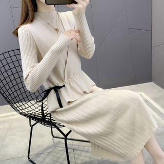 Set: Long-sleeve Mock-neck Knit Midi Dress + Sashed Vest