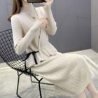 Set: Long-sleeve Mock-neck Knit Midi Dress + Sashed Vest