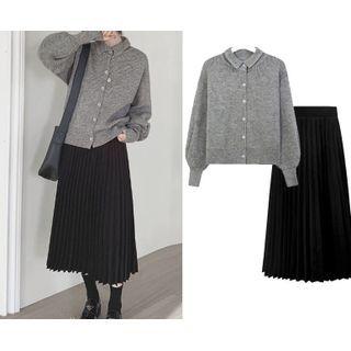 Collared Cardigan / Accordion Pleat Midi A-line Skirt