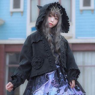 Hooded Buttoned Ruffle Trim Coat