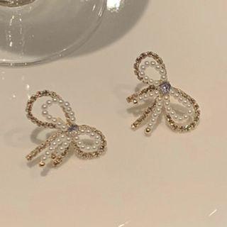 Bow Faux Pearl Rhinestone Dangle Earring