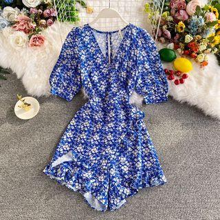 V-neck Floral Short-sleeve Jumpsuit